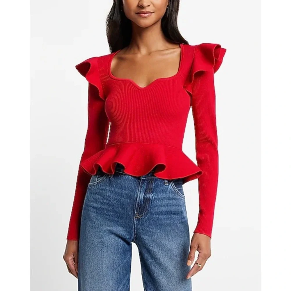 Express Ribbed Sweetheart Neckline Ruffle Peplum Sweater Womens XL Red Ruffle